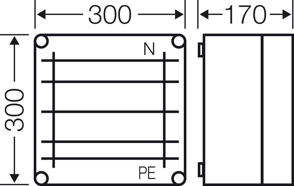 Technische Zeichnung eines quadratischen Gitters mit den Maßen 300x300 mm und einer Tiefe von 170 mm, markiert mit 'N' und 'PE'.