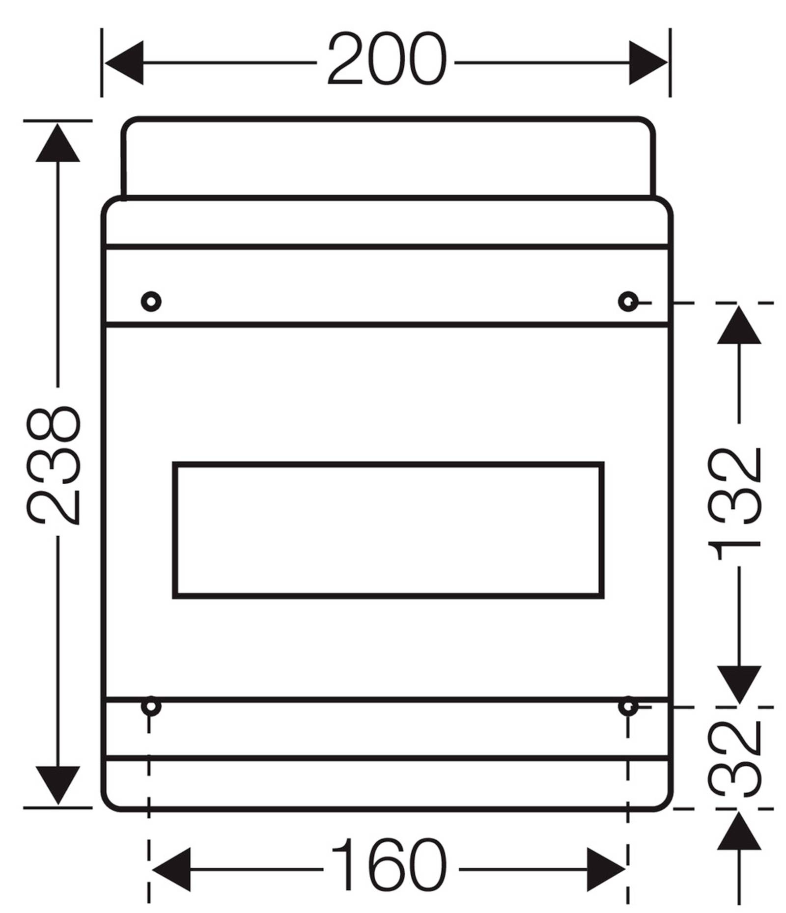 Technische Zeichnung eines rechteckigen Objekts mit Maßen: Breite 200 mm, Höhe 238 mm, mittlere Höhe 132 mm.