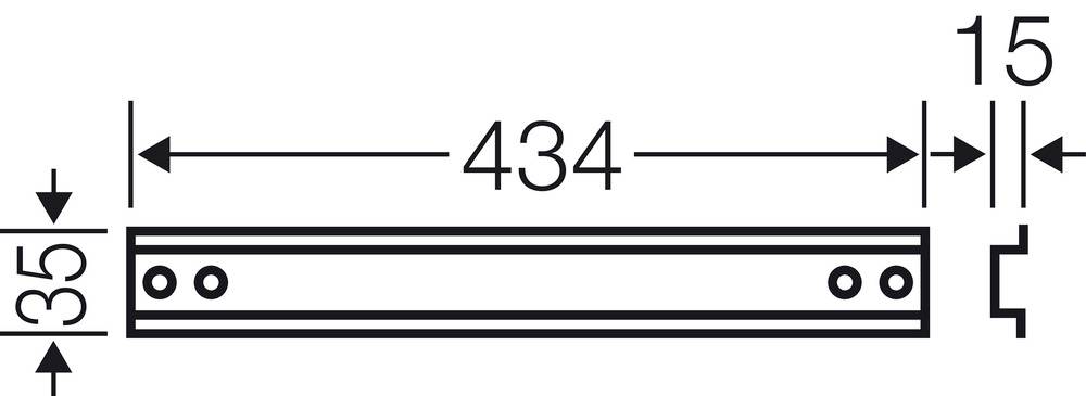 Diagramm einer Metallleiste: Länge 434 mm, Breite 15 mm, Höhe 35 mm. Zeigt Bohrlöcher und Abmessungen.