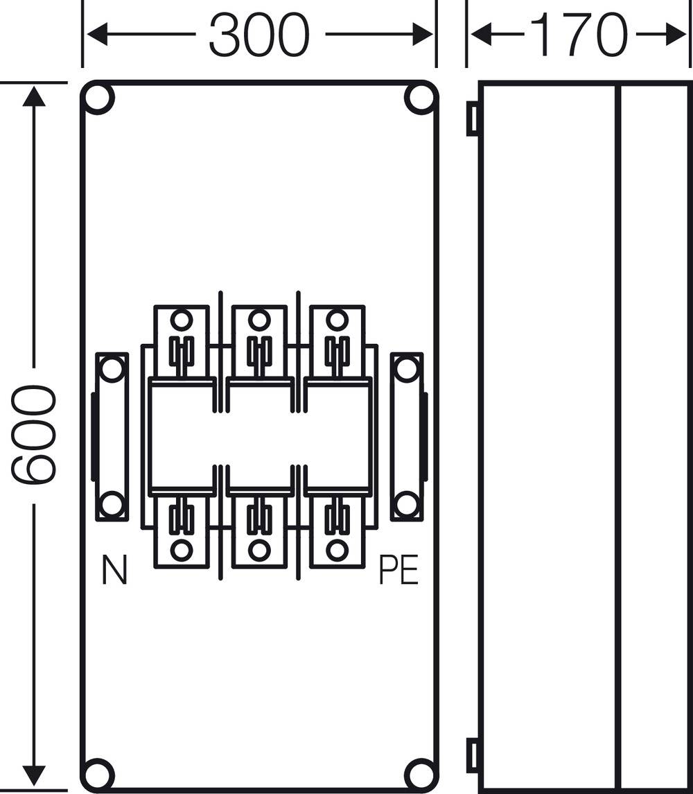 Technische Zeichnung eines elektrischen Anschlusskastens mit Abmessungen: 600 mm hoch, 300 mm breit, 170 mm tief, Anschlüsse N und PE.