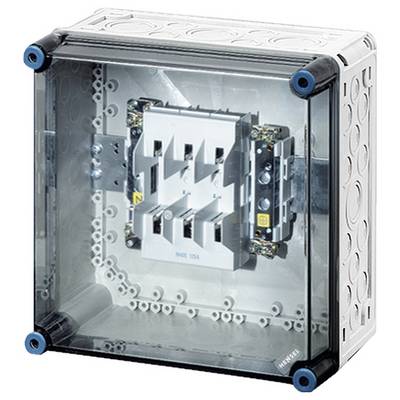 Elektrischer Verteilerkasten mit transparentem Deckel, zeigt Schalter und Anschlussklemmen innen. Gehäuse hat vier Schraubpunkte.