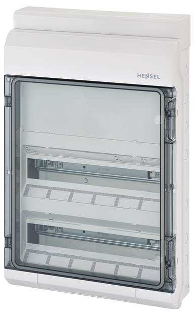 Stromverteilerkasten mit transparenter Tür, zwei Reihen für Schaltgeräte, geeignet für Innenräume; Marke 'Hensel'.
