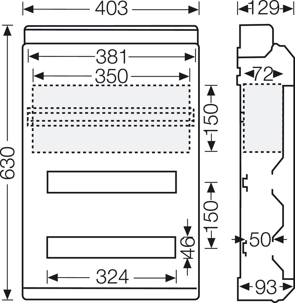 Technische Zeichnung eines rechteckigen Geräts mit den Maßen: Breite 403 mm, Höhe 630 mm, Tiefe 93 mm. Enthält weitere Maße.