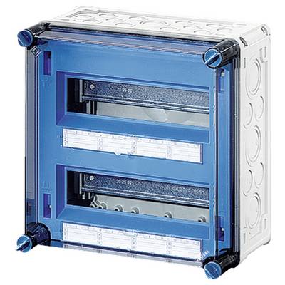 Kunststoff-Sicherungskasten mit blauer Tür und mehreren Einbauschächten, geeignet für elektrische Installationen in Gebäuden.