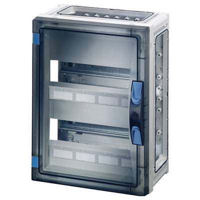 Grauer elektrischer Verteilerkasten mit transparentem Deckel und blauen Griffen. Enthält keine sichtbaren Installationen oder Beschriftungen.