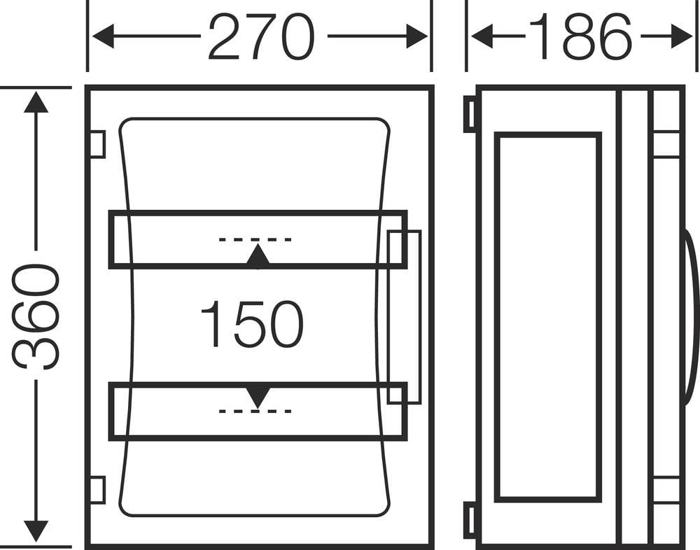 Technische Zeichnung eines rechteckigen Objekts mit den Maßen: Breite 270 mm, Tiefe 186 mm, Höhe 360 mm, Innenmaß 150 mm.