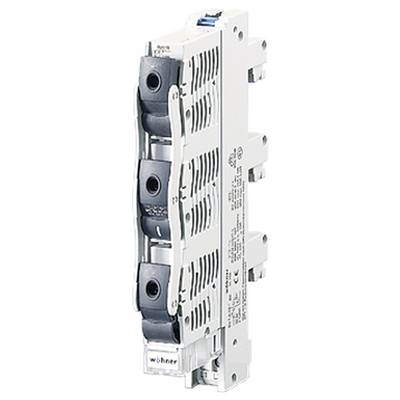 Industriesicherungshalter in vertikaler Anordnung mit schwarzem Griff. Herstellername 'Wöhner' ist auf der Seite zu sehen.