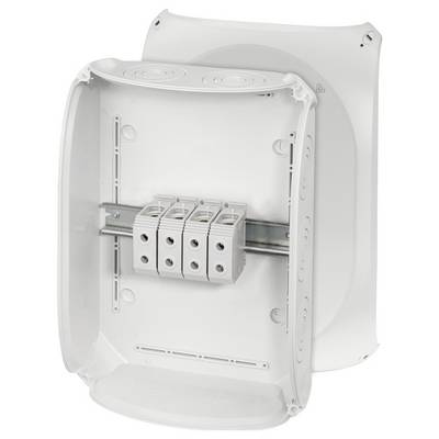 Gehäuse für elektrische Komponenten mit vier integrierten Verdrahtungsblöcken und Halterung zur Befestigung an Wänden oder Panels.
