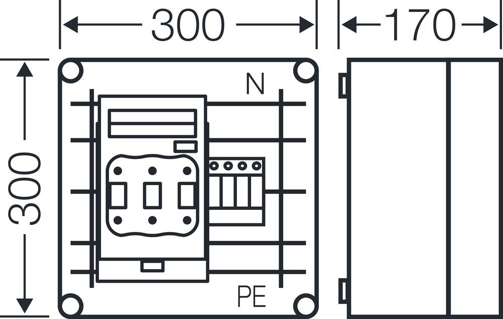 Technische Zeichnung eines elektrischen Schaltschranks mit Abmessungen: 300x300 mm und 170 mm Tiefe. Zeigt Schalttafel mit N und PE.