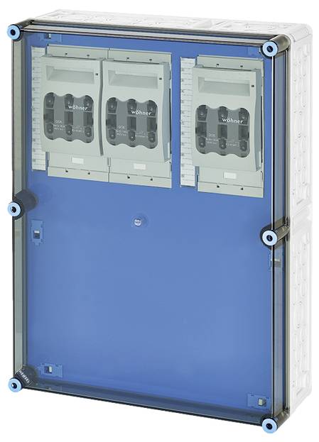 Gehäuse mit transparenter blauer Vorderseite und montierten elektrischen Schutzschaltern, zur Steuerung von Energieverteilungen.