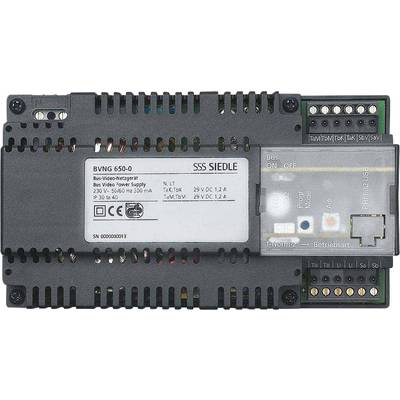 Einzelne elektronische Baugruppe mit Beschriftung 'Bus-Video-Netzgerät' von SSS Siedle. Anschlussklemmen und LED-Anzeigen sichtbar.