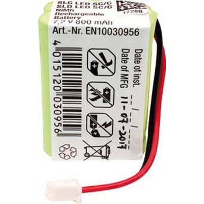 'Batterie mit Etikett: SLC LED SC/C, NiMH, aufladbar, 600 mAh. Herstellungsdatum 11-07-2017. Recycling-Symbol vorhanden.'