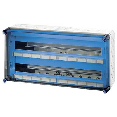 Blauer elektrischer Schaltkasten mit transparentem Deckel, geeignet für die Montage von elektrischen Sicherungen oder Schaltanlagen.