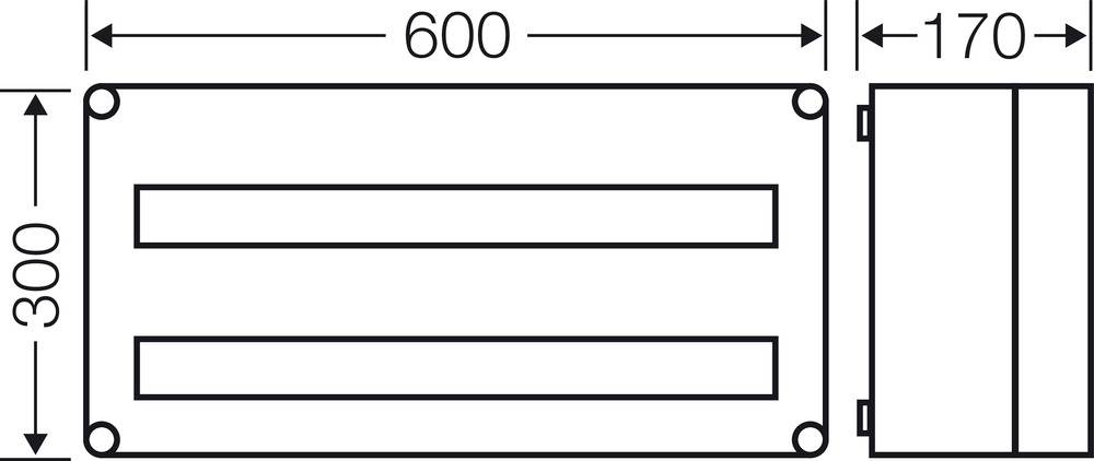Technische Zeichnung eines rechteckigen Kastens mit Maßen: 600 mm Breite, 300 mm Höhe, 170 mm Tiefe. Draufsicht und Seitenansicht.