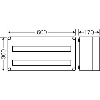 Technische Zeichnung eines rechteckigen Kastens mit Maßen: 600 mm Breite, 300 mm Höhe, 170 mm Tiefe. Draufsicht und Seitenansicht.