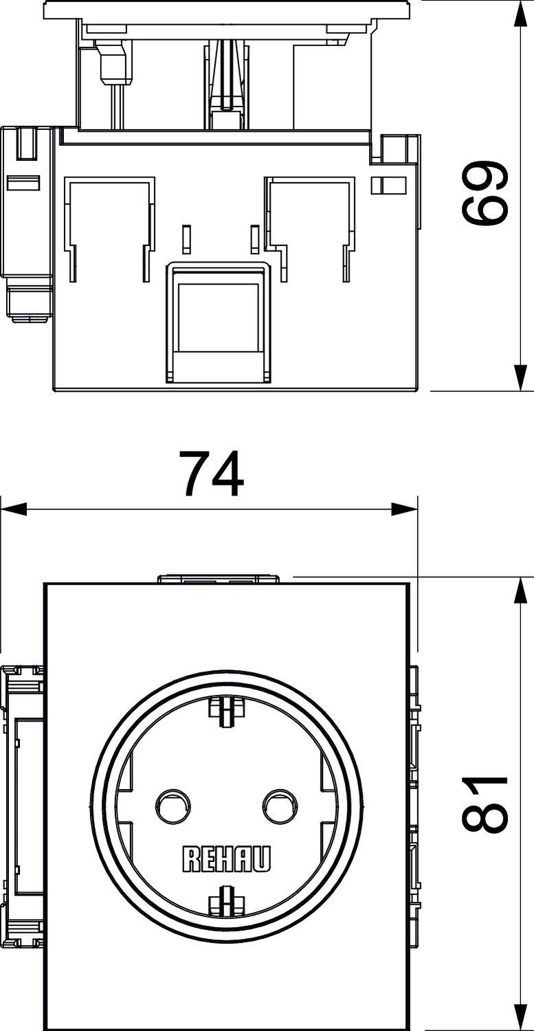 Technische Zeichnung einer REHAU Steckdose mit Maßangaben: Breite 74 mm, Höhe 69 mm (Seitenansicht) und Höhe 81 mm (Vorderansicht).
