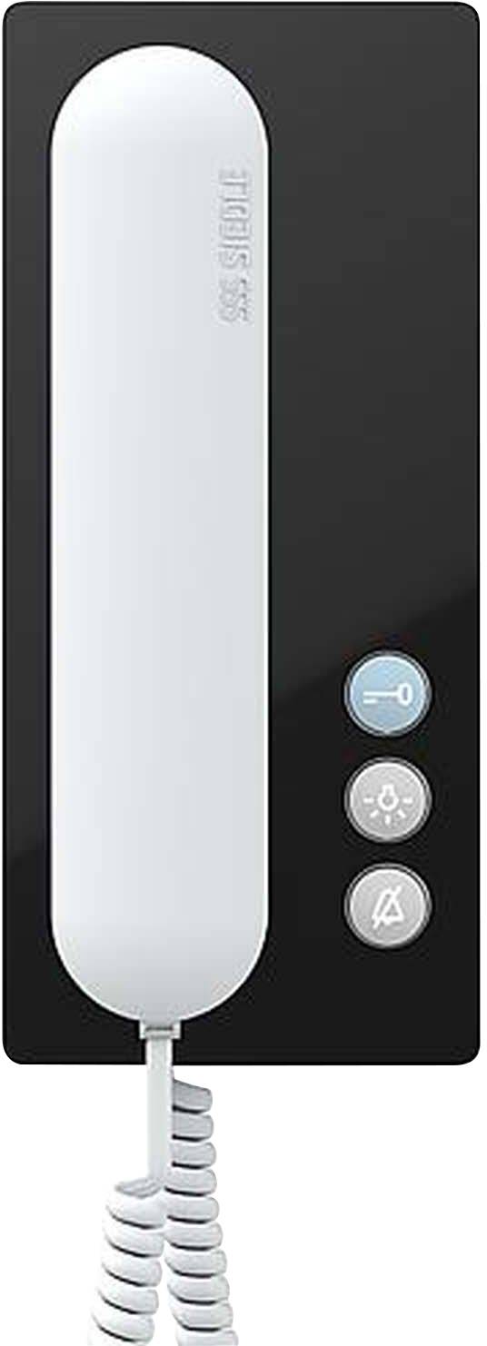 Telefonklingel mit Hörer, schwarzer Basis und drei Knöpfen; Schlüssel- und Glockensymbol, Stummschaltfunktion.