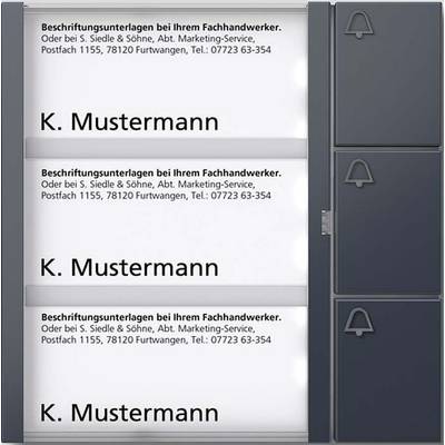 'Dreifache Klingelanlage mit dem Namen K. Mustermann auf jeder Klingel. Beschriftungsunterlagen bei Ihrem Fachhandwerker.'