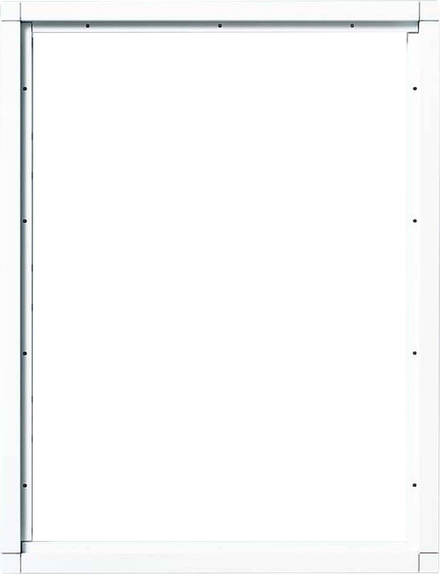 Ein leerer, rechteckiger Bilderrahmen aus weißem Material auf weißem Hintergrund.