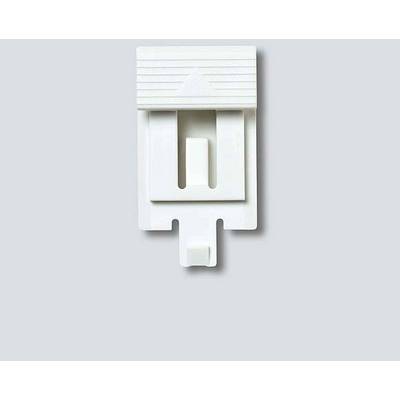 Ein weißer, rechteckiger Wandhaken mit einem kleinen Aufhänger und geriffelter Oberseite an einer grauen Wand.