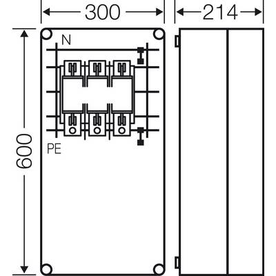 Schaltplan eines elektrischen Schaltschranks mit Abmessungen: Höhe 600 mm, Breite 300 mm, Tiefe 214 mm. Klemmen für N und PE sichtbar.