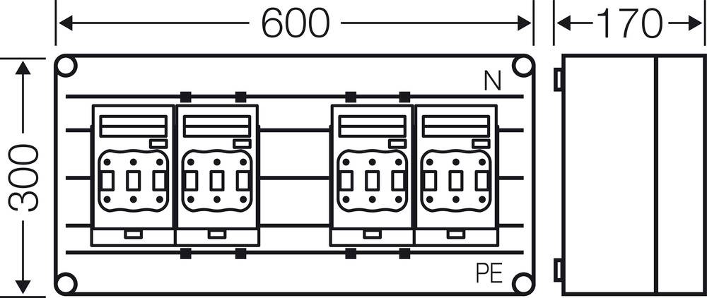 Schaltplan einer elektrischen Schaltanlage: 600 mm Breite, 300 mm Höhe, 170 mm Tiefe, zeigt Platzierung von Komponenten N und PE.