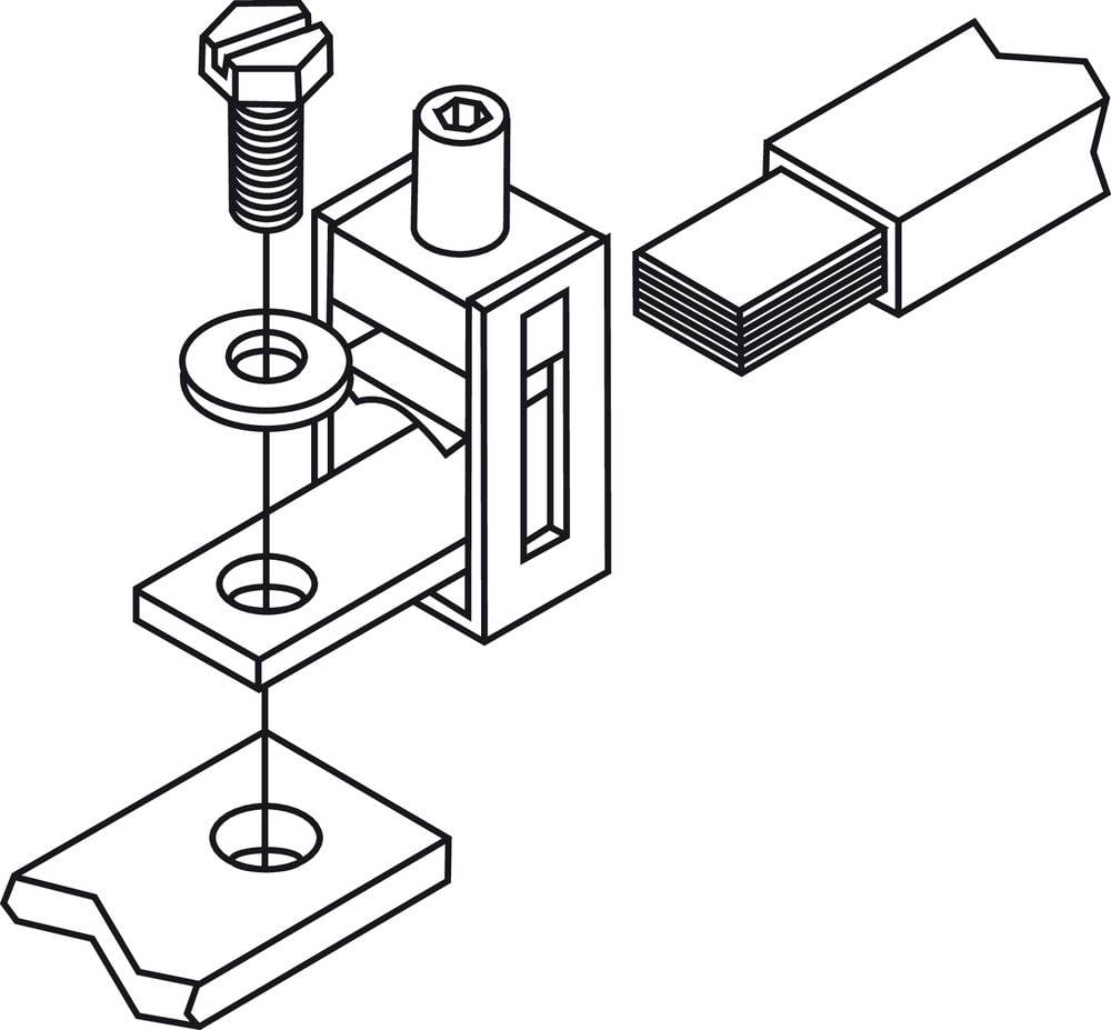 Explosionszeichnung eines mechanischen Bauteils mit Schraube, Unterlegscheibe, Verbindungselement und Basis. Zeigt Montageschritte.