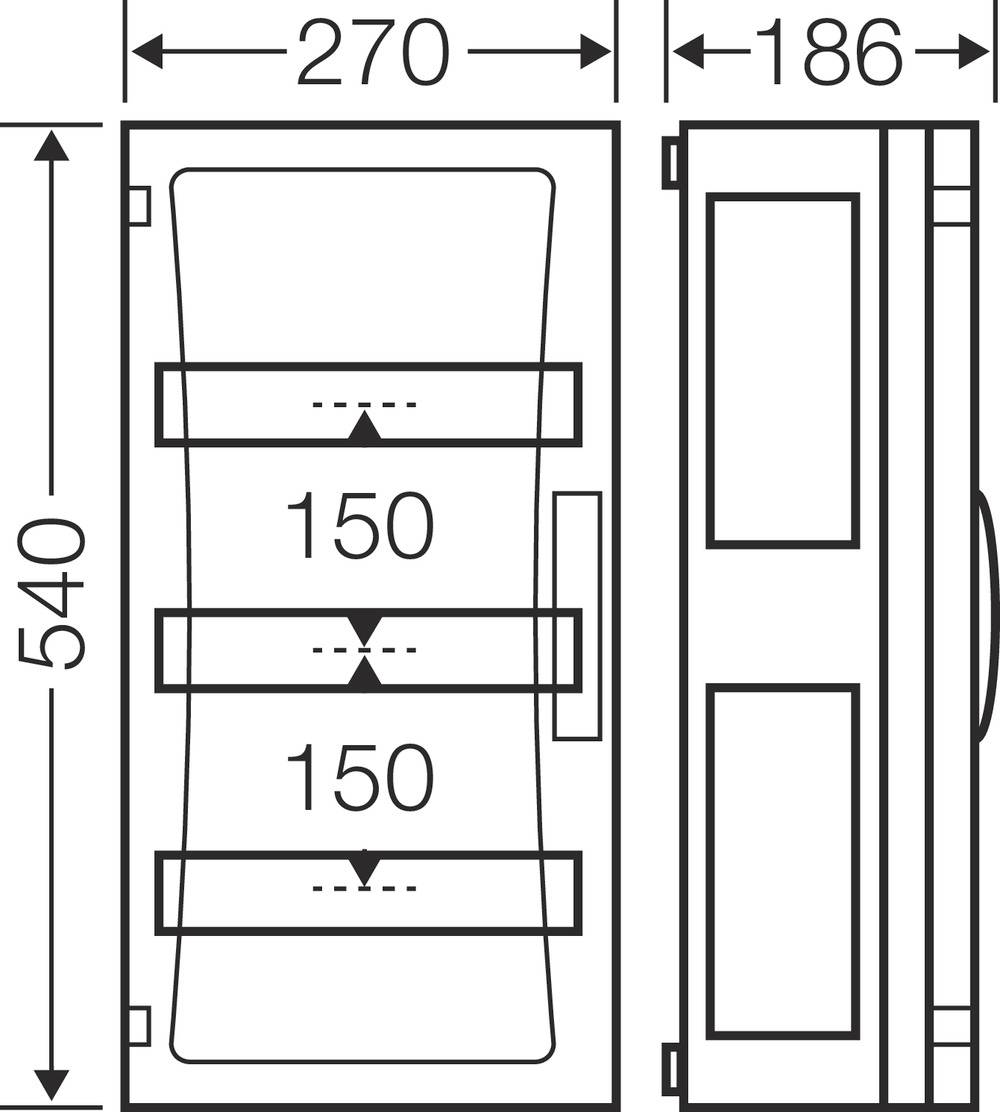 Abmessungszeichnung eines Schranks: Höhe 540 mm, Breite 270 mm, Tiefe 186 mm. Drei Einlegeböden mit 150 mm Abstand.