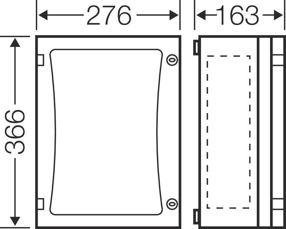 Technische Zeichnung eines rechteckigen Bauteils mit den Maßen 276 x 366 x 163 mm, Ansicht von oben und Seite.