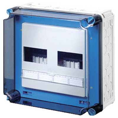 Elektrischer Verteilerkasten mit transparentem blauen Gehäuse, zwei sichtbaren Innenfächern und vorderer Abdeckung.