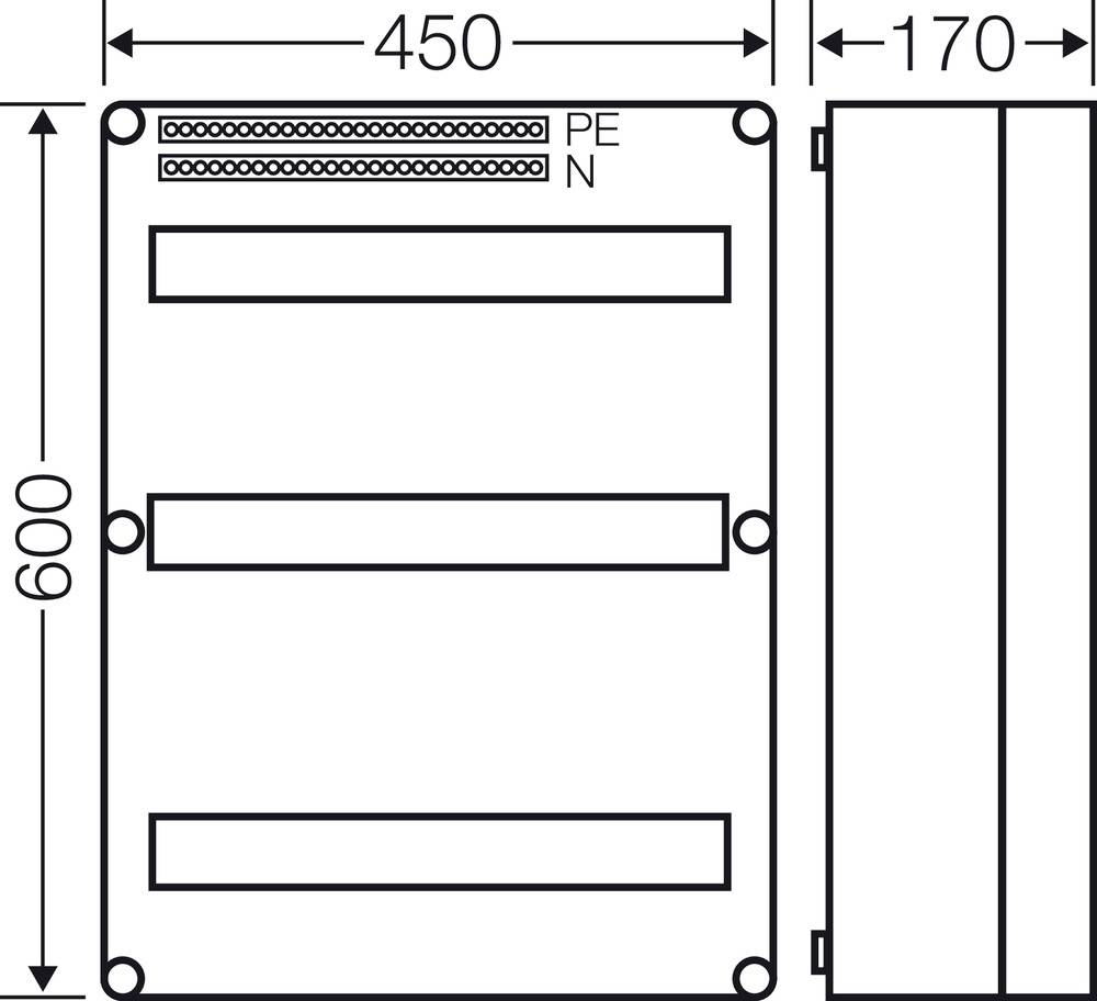 'Schrankskizze mit Maßen: Höhe 600 mm, Breite 450 mm, Tiefe 170 mm. Enthält drei horizontale Fächer und Anschlüsse oben: PE und N.'