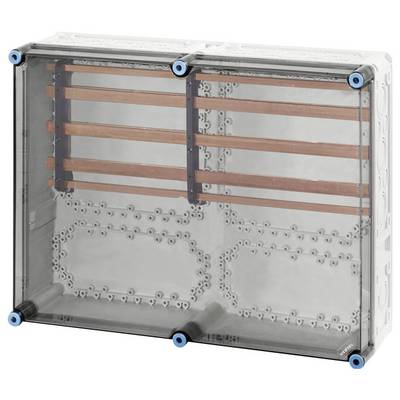 Durchsichtige elektrische Anschlussbox mit mehreren Befestigungspunkten und eingebauten Kupferschienen zur Stromverteilung.