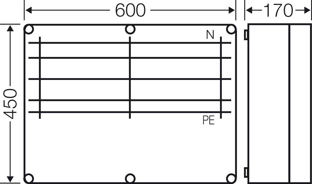 Technische Zeichnung eines rechteckigen Kastens, Maße 600x450 mm und 170 mm Tiefe, mit Anschlüssen 'N' und 'PE'.