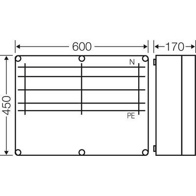 Technische Zeichnung eines rechteckigen Kastens, Maße 600x450 mm und 170 mm Tiefe, mit Anschlüssen 'N' und 'PE'.