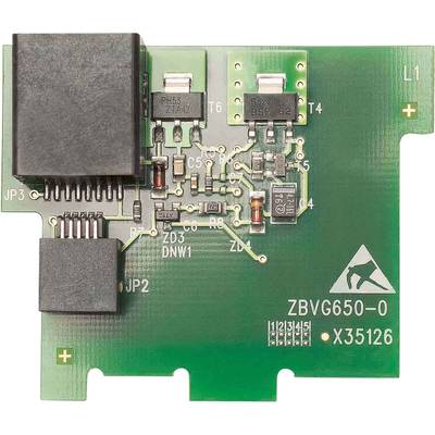 Grüne Schaltplatte mit zwei schwarzen Anschlüssen und mehreren elektronischen Komponenten. Markierung: 'ZBVG650-0', 'X35126'.
