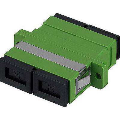 Ein grüner SC-Faseroptik-Adapter mit zwei Anschlüssen; dient zur Verbindung von Glasfaserkabeln in Netzwerken.