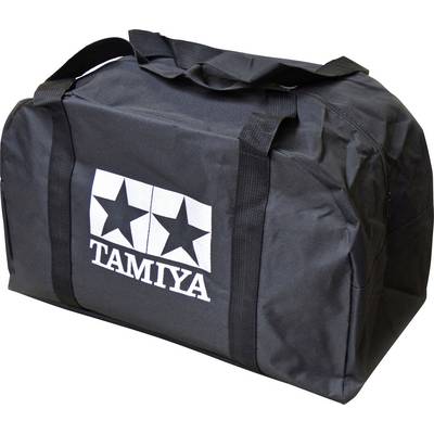 Eine schwarze Sporttasche mit dem Logo der Marke 'Tamiya', bestehend aus zwei weißen Sternen und dem Schriftzug 'Tamiya'.