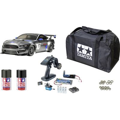 RC-Auto-Kit mit grauem Rennwagen, Fernbedienung, Akkus, Ladegerät, Farbsprays, Tragetasche mit TAMIYA-Logo, Kugellager.