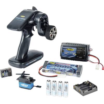 Fernsteuerungsset mit Funkfernbedienung, Empfänger, Ladegerät, Akku und Batterien, geeignet für Modellfahrzeuge.