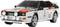Ein Modellauto eines Rallyeautos im Retro-Design, hauptsächlich weiß mit schwarzen und roten Akzenten, Startnummer 3 und mehreren Logos.