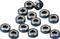Dreizehn kleine Kugellager auf weißem Hintergrund, in unregelmäßiger Anordnung, zeigen metallische Innen- und Außenringe.