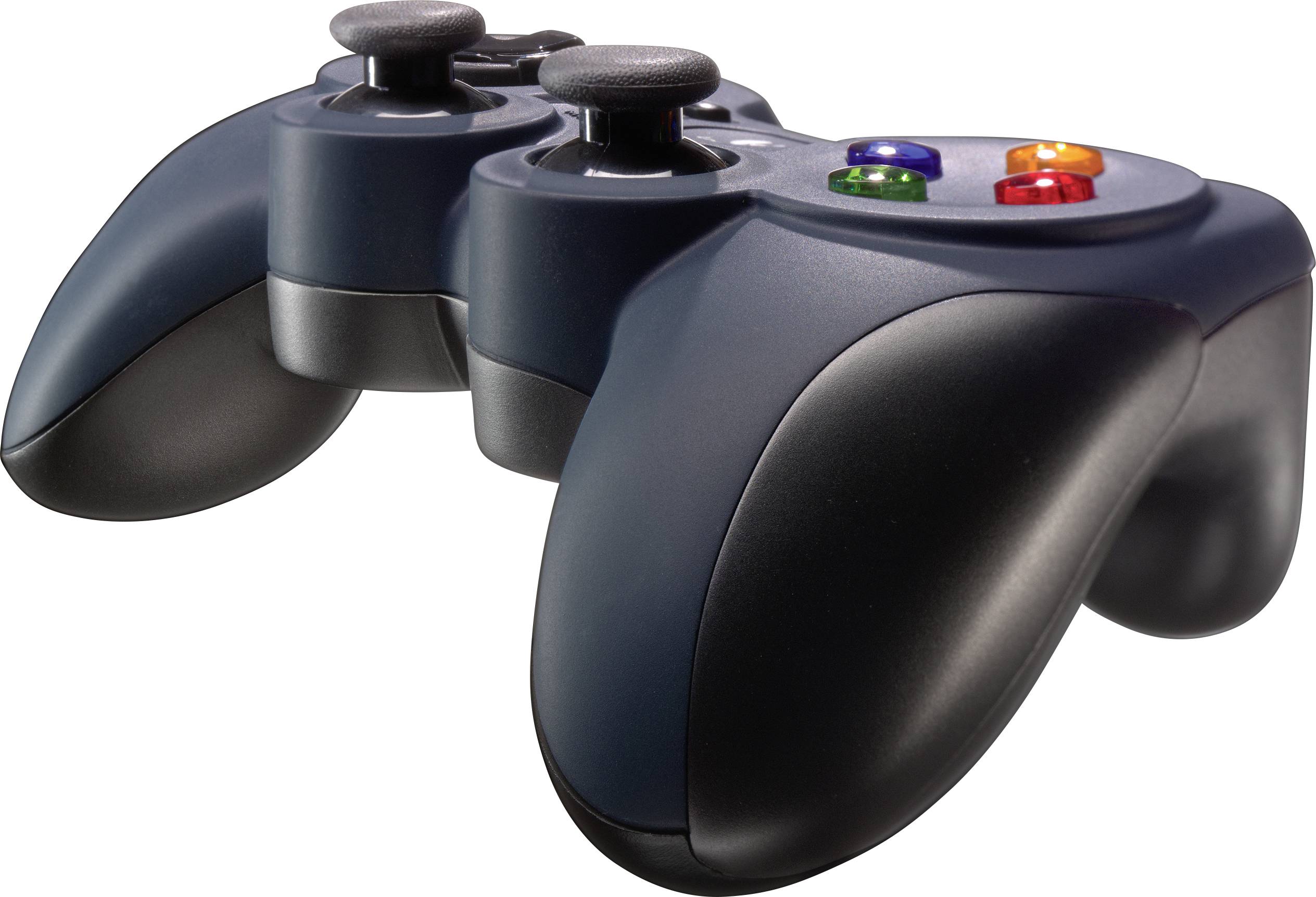 Ein schwarzer Videospiel-Controller mit bunten, runden Tasten liegt auf einer weißen Oberfläche.