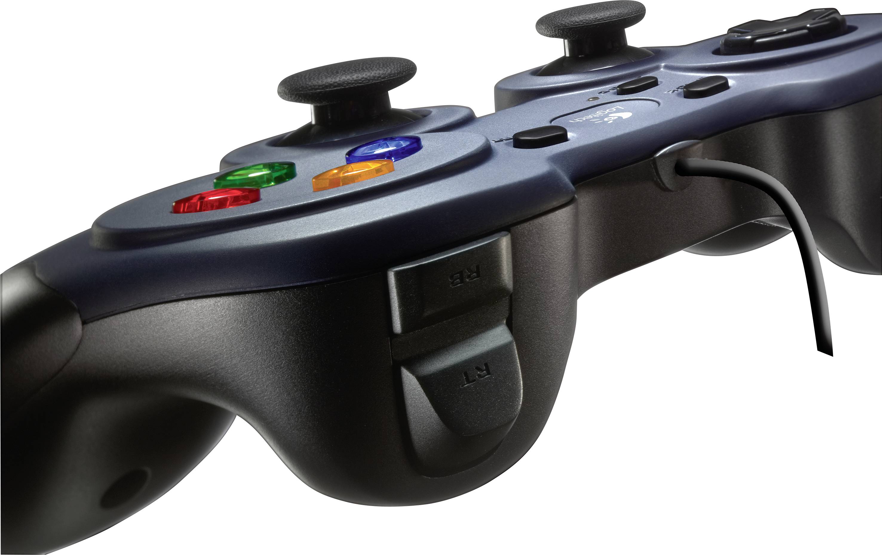 Ein schwarzer Gamecontroller mit mehreren farbigen Tasten und zwei Joysticks, verbunden durch ein Kabel.