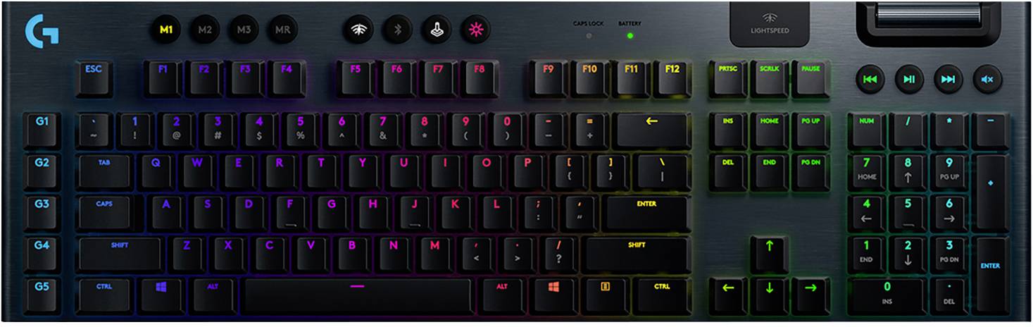 Eine Gaming-Tastatur mit mehrfarbiger Hintergrundbeleuchtung. Die Tasten sind in Reihen angeordnet und leuchten in verschiedenen Farben.