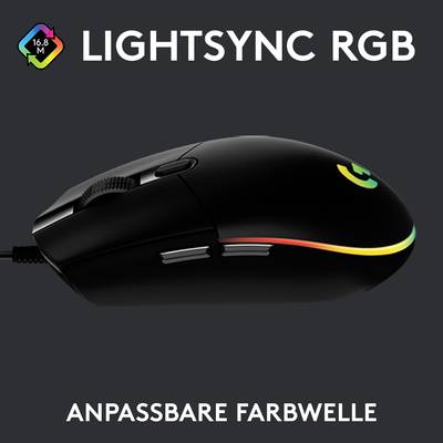 'Lightsync RGB: anpassbare Farbvielfalt' zeigt eine schwarze Computermaus mit buntem Lichtstreifen, betont individuelle Beleuchtung.