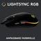 'Lightsync RGB: anpassbare Farbvielfalt' zeigt eine schwarze Computermaus mit buntem Lichtstreifen, betont individuelle Beleuchtung.