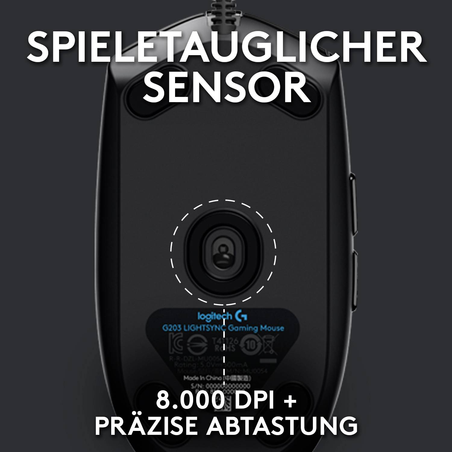 Die Rückseite einer Gaming-Maus zeigt die Aufschrift 'Spieletauglicher Sensor' und '8.000 DPI + präzise Abtastung'.