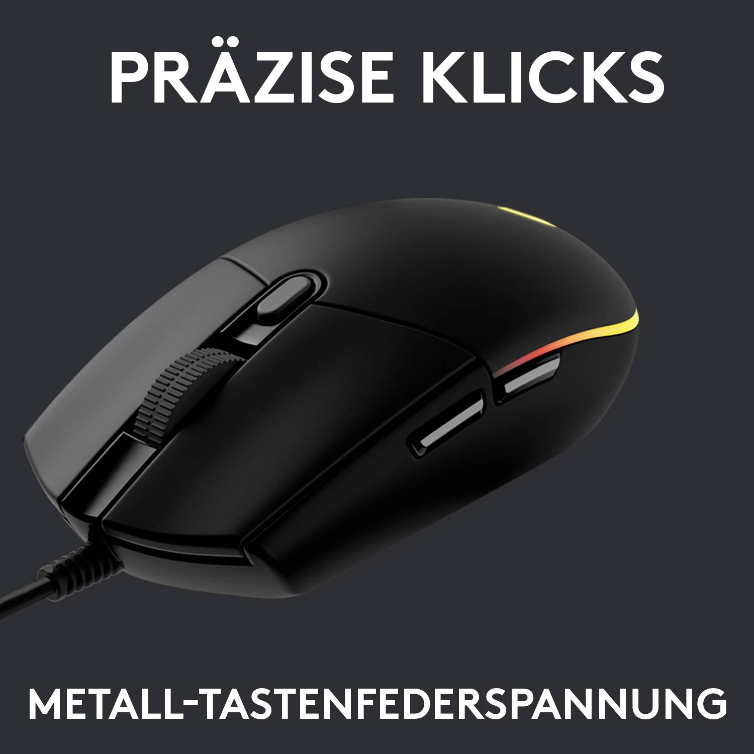 Schwarze Computermaus mit Metall-Tastenfederung und präzisen Klicks, abgebildet auf grauem Hintergrund. Oben steht 'PRÄZISE KLICKS', unten 'METALL-TASTENFEDERSPANNUNG'.