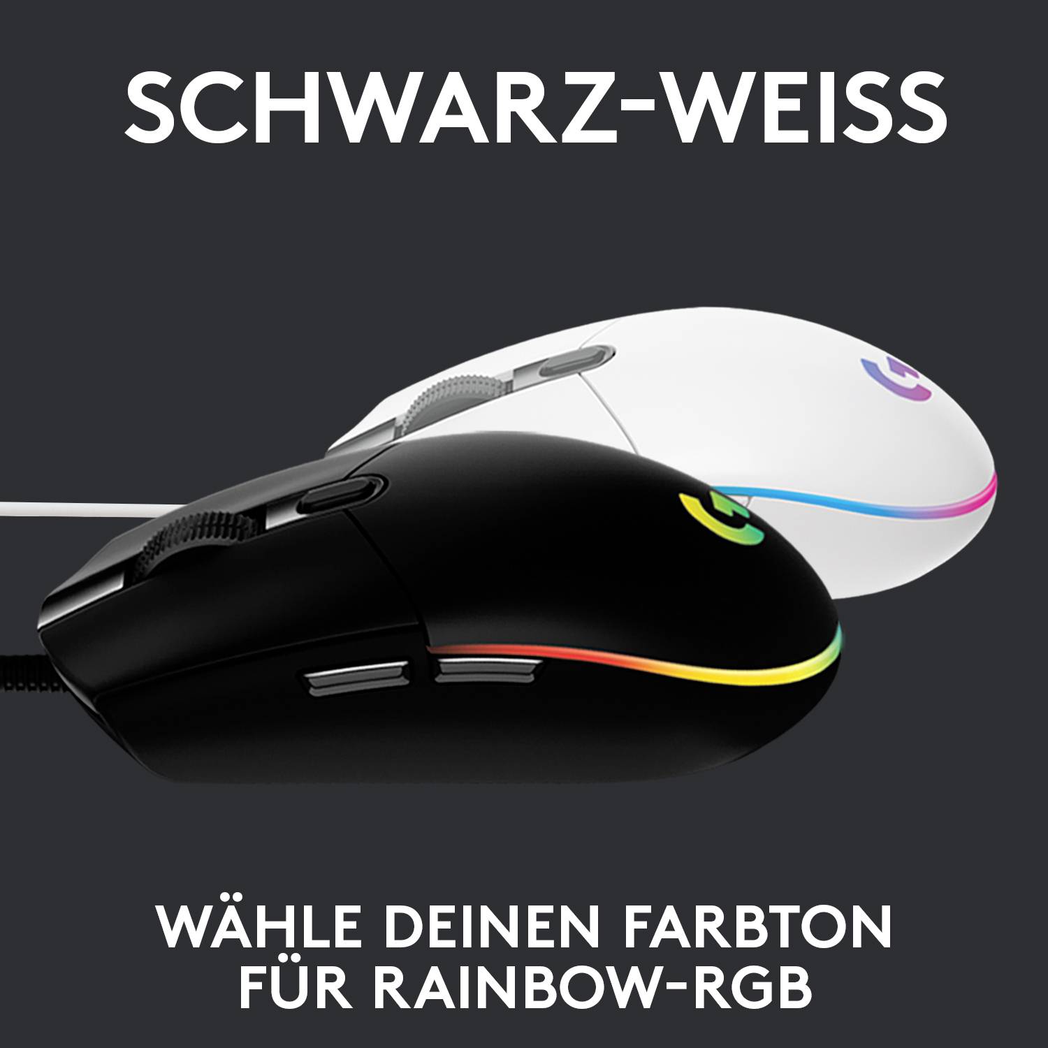'Schwarz-Weiß' - Zwei Gaming-Mäuse, eine schwarz, eine weiß, mit RGB-Beleuchtung. Text unten: 'Wähle deinen Farbton für Rainbow-RGB'.