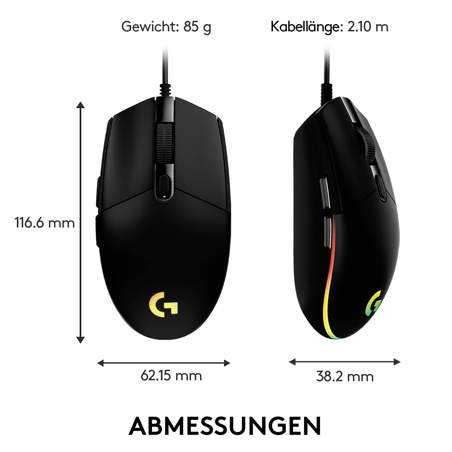 Zwei schwarze Gaming-Mäuse mit leuchtenden Akzenten. Maße: 116,6x62,15x38,2 mm. Gewicht: 85 g. Kabellänge: 2,10 m.